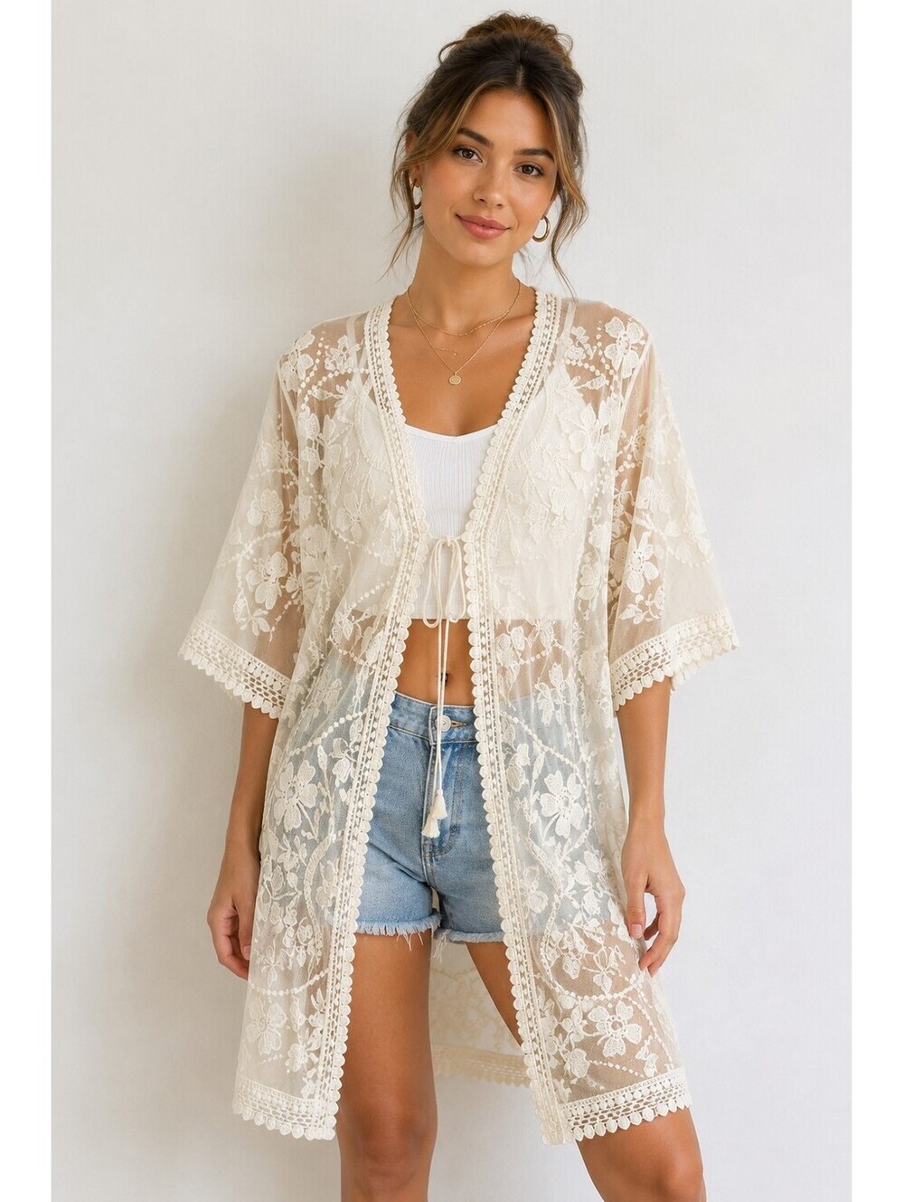 Elainmagire Ivory Floral Lace Kimono Cardigan Sheer Boho Cover Up S/M